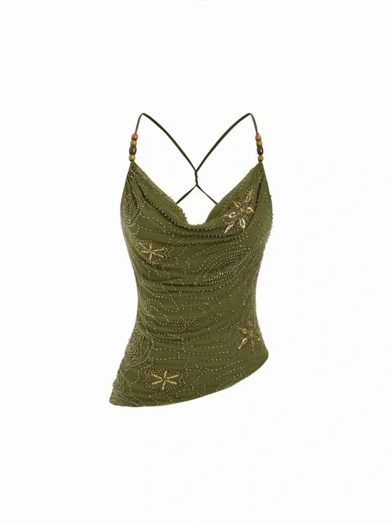 Mesh Cowl Neck Floral Beading Sequin Cami Top - Picture 3 of 8